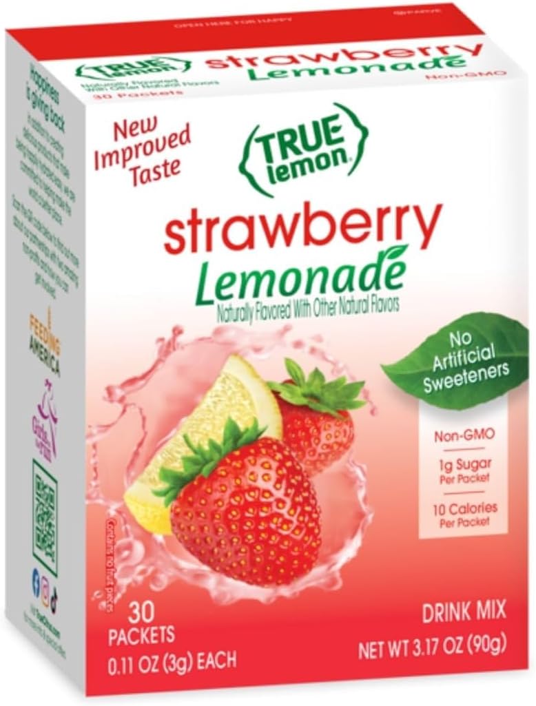 True Lemon Strawberry Lemonade Water Enhancer Drink Mix (30 Count), Low Calorie Drink Mix Packets for Water, Powdered Drink Mixes & Flavors, Individual Drink Packets, Water Flavor Packets with Stevia