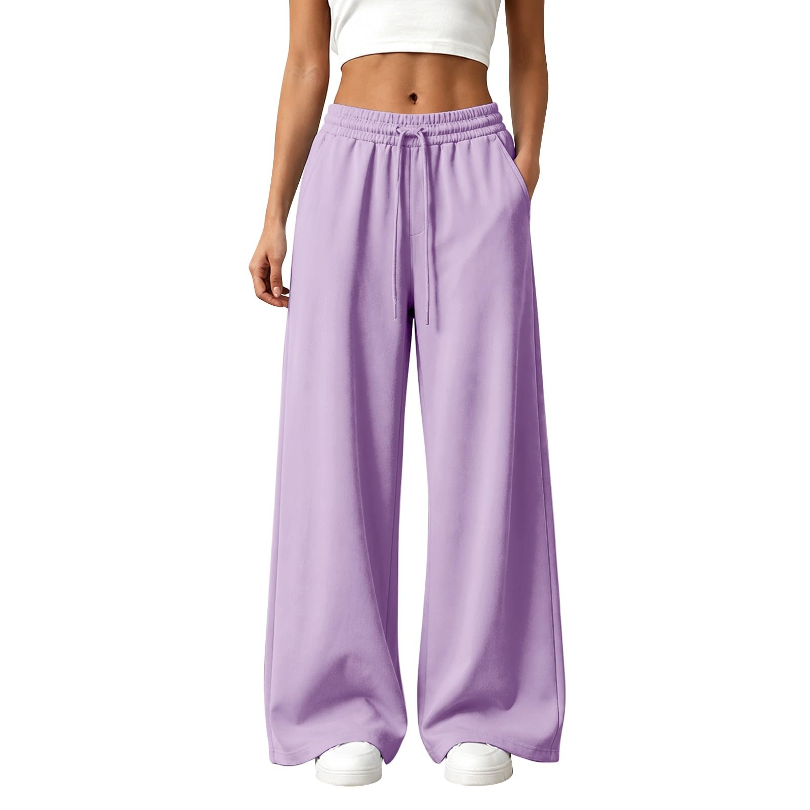 Pantalon Large Femme Doublé Polaire Taille Élastique À Cordon Avec Poches