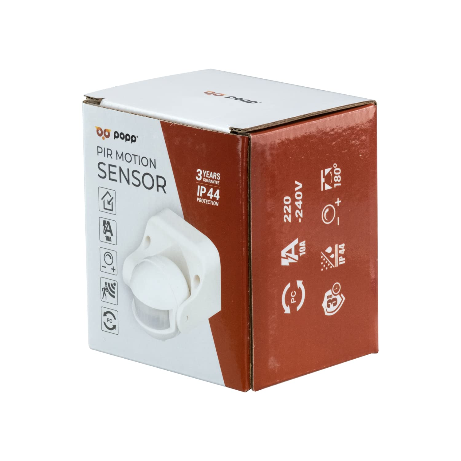 POPP® Electric Sensor de Movimiento Exterior/Interior de Luz Detector Ajustable Superficie de Pared Orientable 200W/800W 220-240V IP44 180° 12m (Pack 5 Unidad)