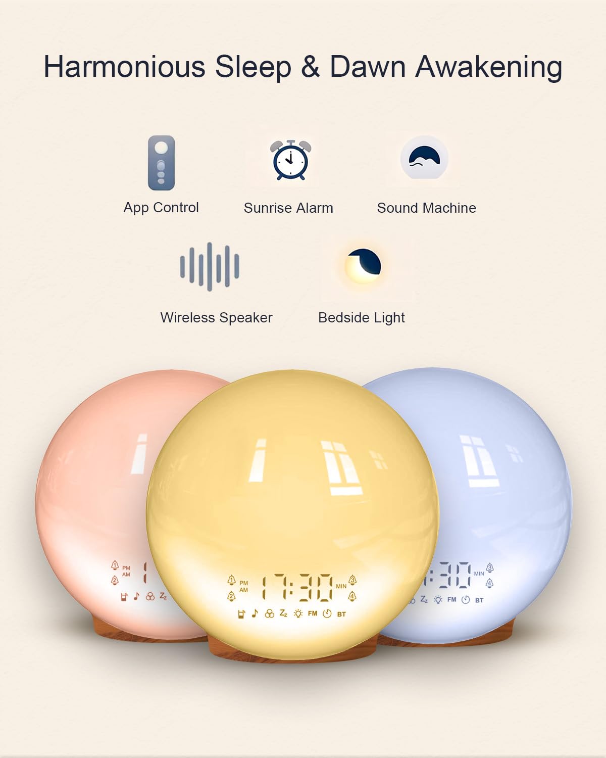 Reloj despertador inteligente con luz de amanecer y amanecer, simulación de amanecer, 4 alarmas, radio FM, grano de madera