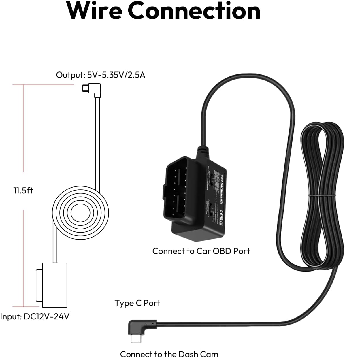 BOTSLAB Dash Cam OBD Hardwire Kit Power Cable Type USB C Port, for Botslab Dash Camera, Low Voltage Protection, Supports Parking Mode