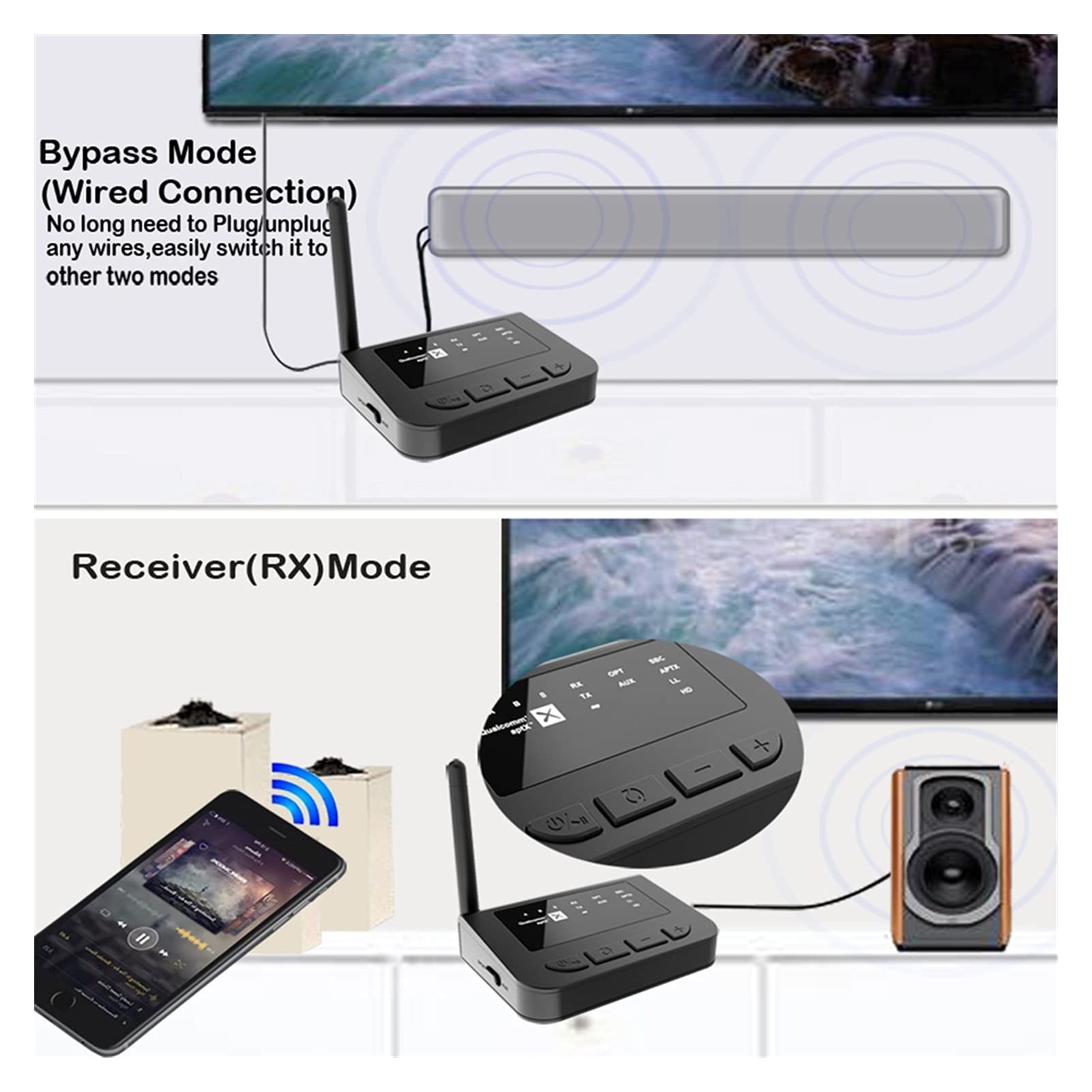 Adaptateur audio Bluetooth 80m Bluetooth 5.0 récepteur audio Transmetteur Bypass 3 en 1 APTX HD LL Faible latence 3.5mm AUX-TV PC Adaptateur sans fil de voiture