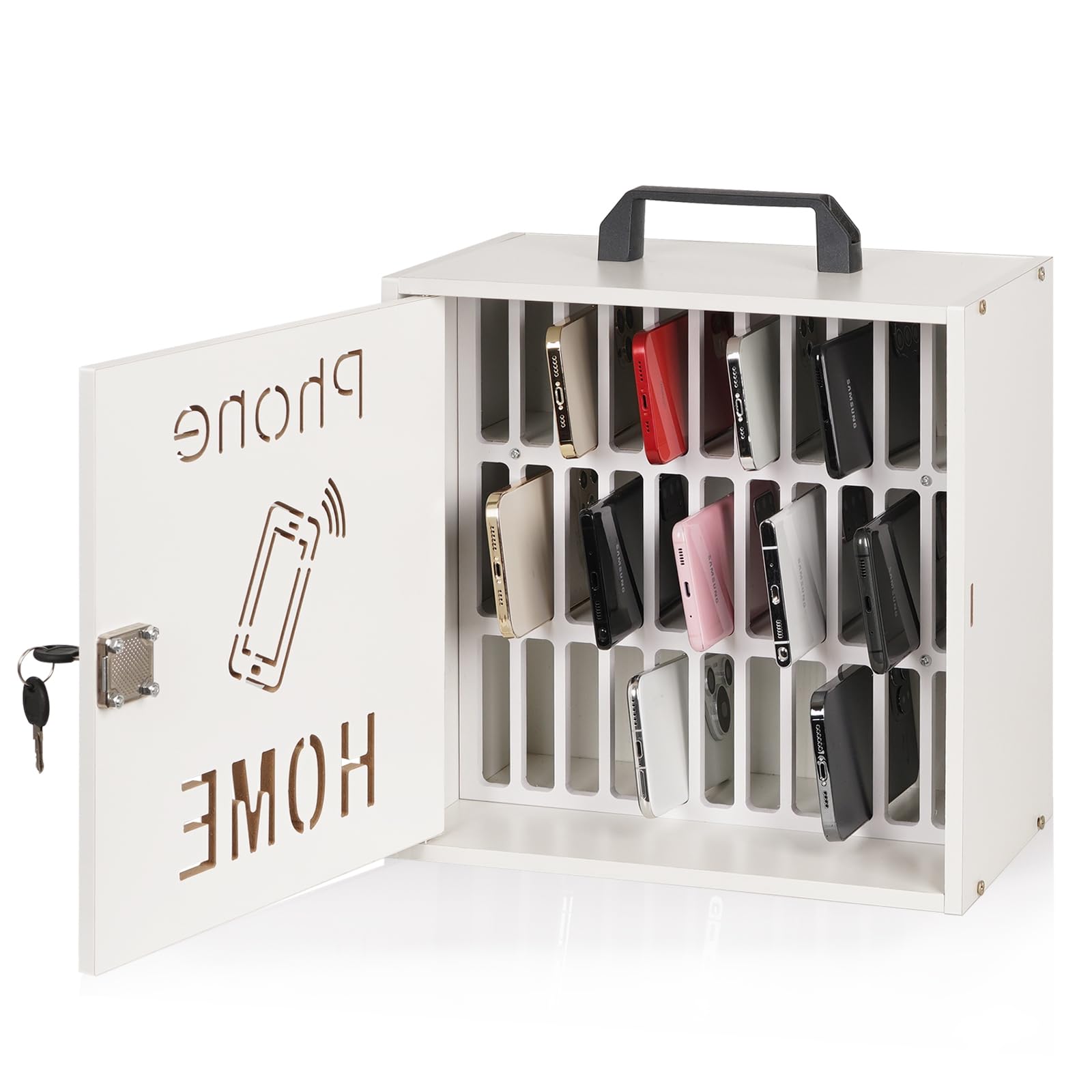 Lzttyee Cell Phone Holder Classroom 33 Slots Wooden Cell Phone Storage Cabinet Pocket Chart with Handle and Security Lock for Classroom Office (White)
