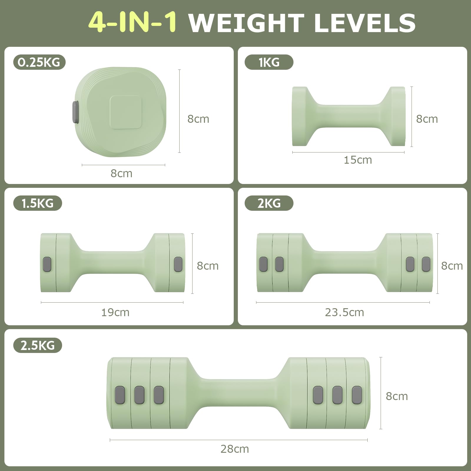 Lot de 2 haltères réglables pour femme de 1 à 5 kg - 4 en 1 - Pour homme et femme - Pour la salle de sport à la maison, la musculation à la maison