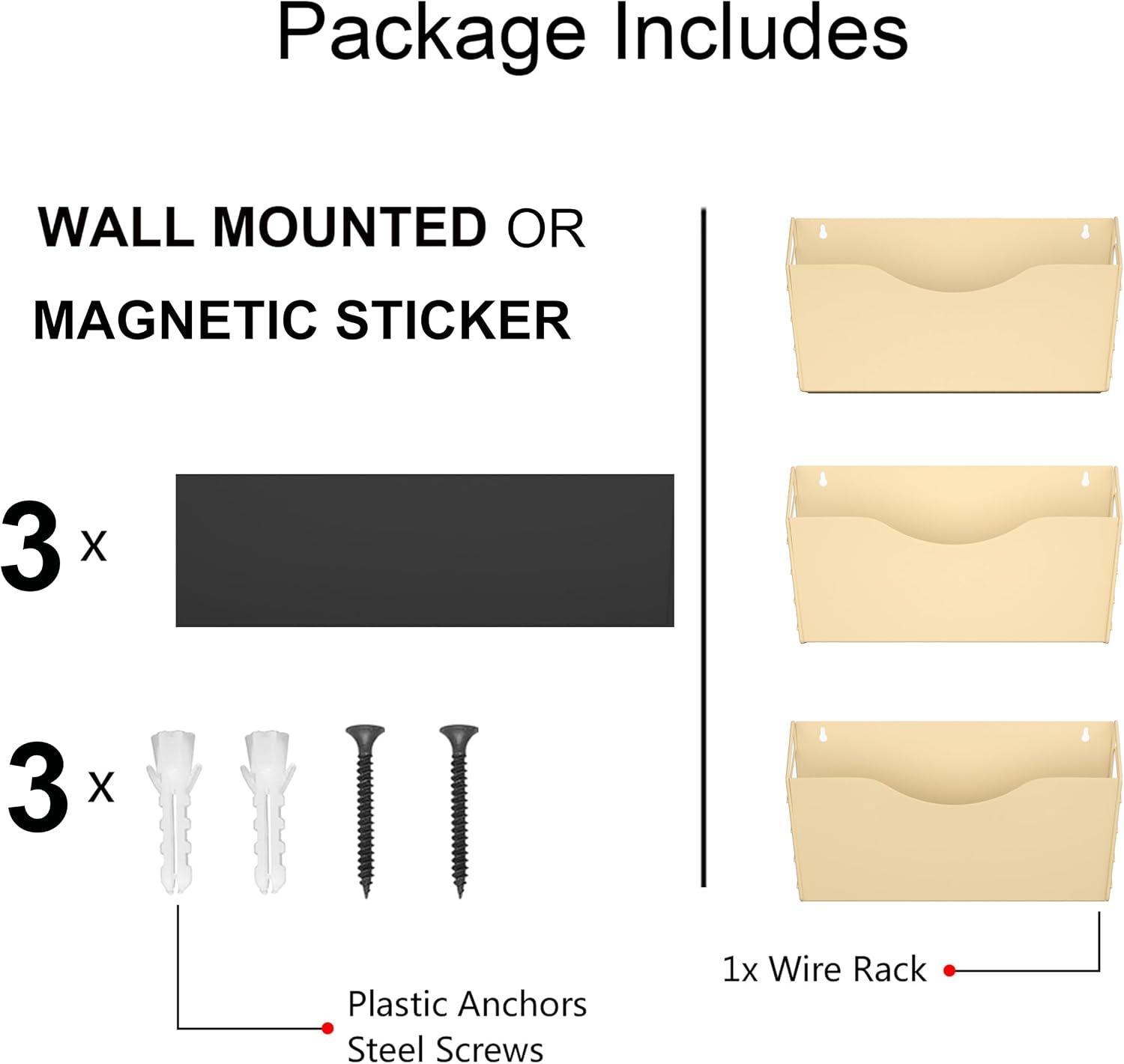 3-Pocket Magnetic File Holder - Wall Mount Mail Organizer (Gold)