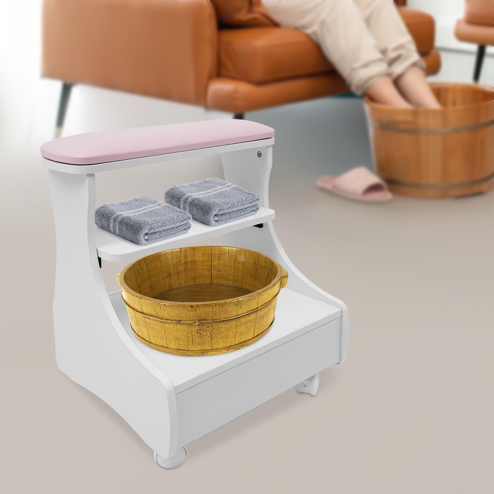 Chariot de Manucure à 3 Niveaux avec Bain de Pieds - Spa Portable avec Tiroirs et 4 Roulettes - Capacité de Charge 20 kg