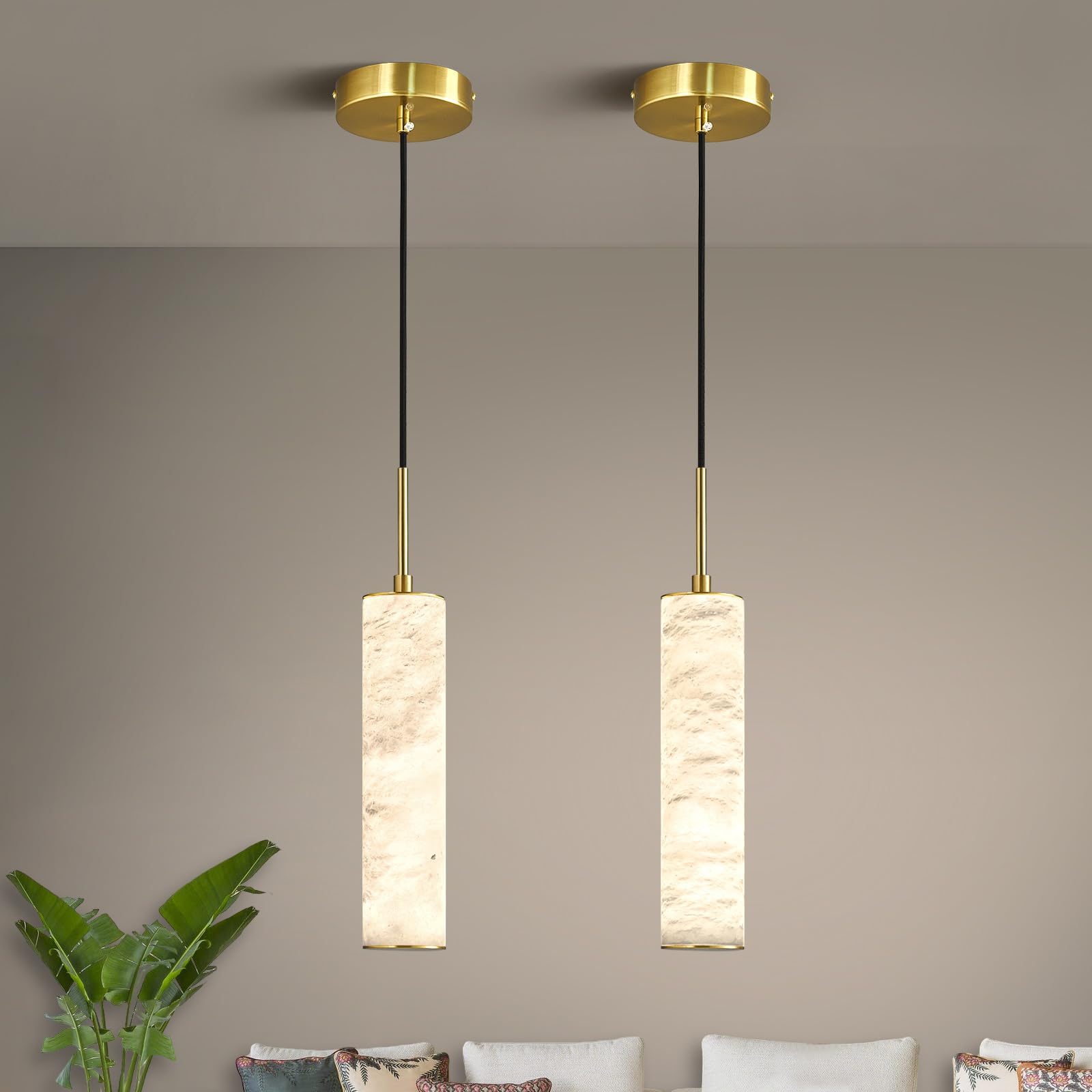 LMQNINE Natural Alabaster Pendant Lights for Kitchen Island White Marble Long Tube Chandelier Modern Gold Ceiling Light Fixtures for Bedroom Dining Room Table Living Room Hallway(S-2Pack)