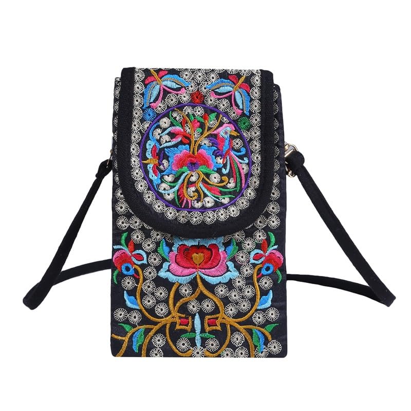 Lady Cell Phone Bag Crossbody Shoulder Wallet Purse Handbag Pouch Ethnic Embroidered Flip Canvas