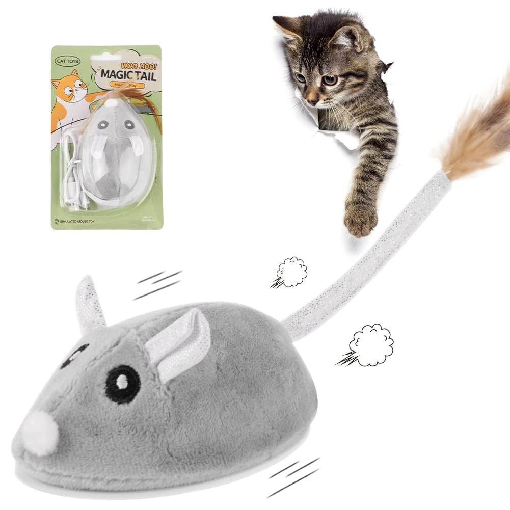 Adiwo Katzenspielzeug Elektrisch Spielmaus, Katzenspielzeug Maus mit Federschwanz USB Wiederaufladbares Interaktive Spielzeug Maus Spielzeugmäuse für Katzenauslauf und Gegen Langeweile
