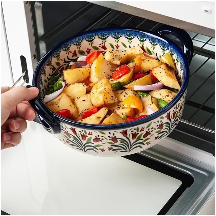 Casserole Dish Multifunctional Large Capacity Baking Tray with Handle Salad Dish Home Ceramic Retro Tableware Bowl