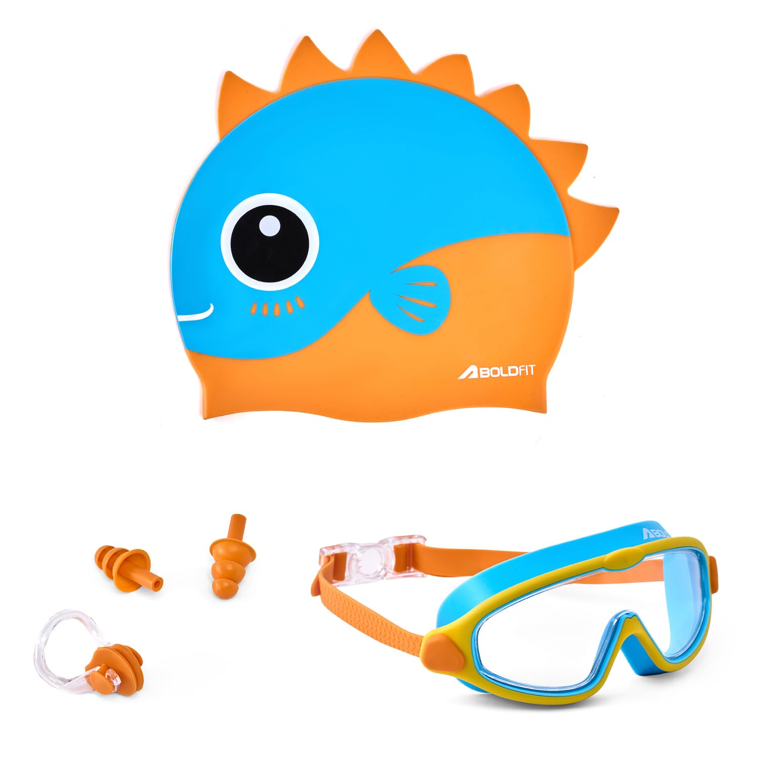 Boldfit DinoSplash Kids Swimming Set Dinosaur Swim Cap,Adjustable Anti-Fog Goggles, Silicone Earplugs & Nose Clip - Fun Orange & Blue Swim Kit for Boys & Girls (Age 3-12)-image-37