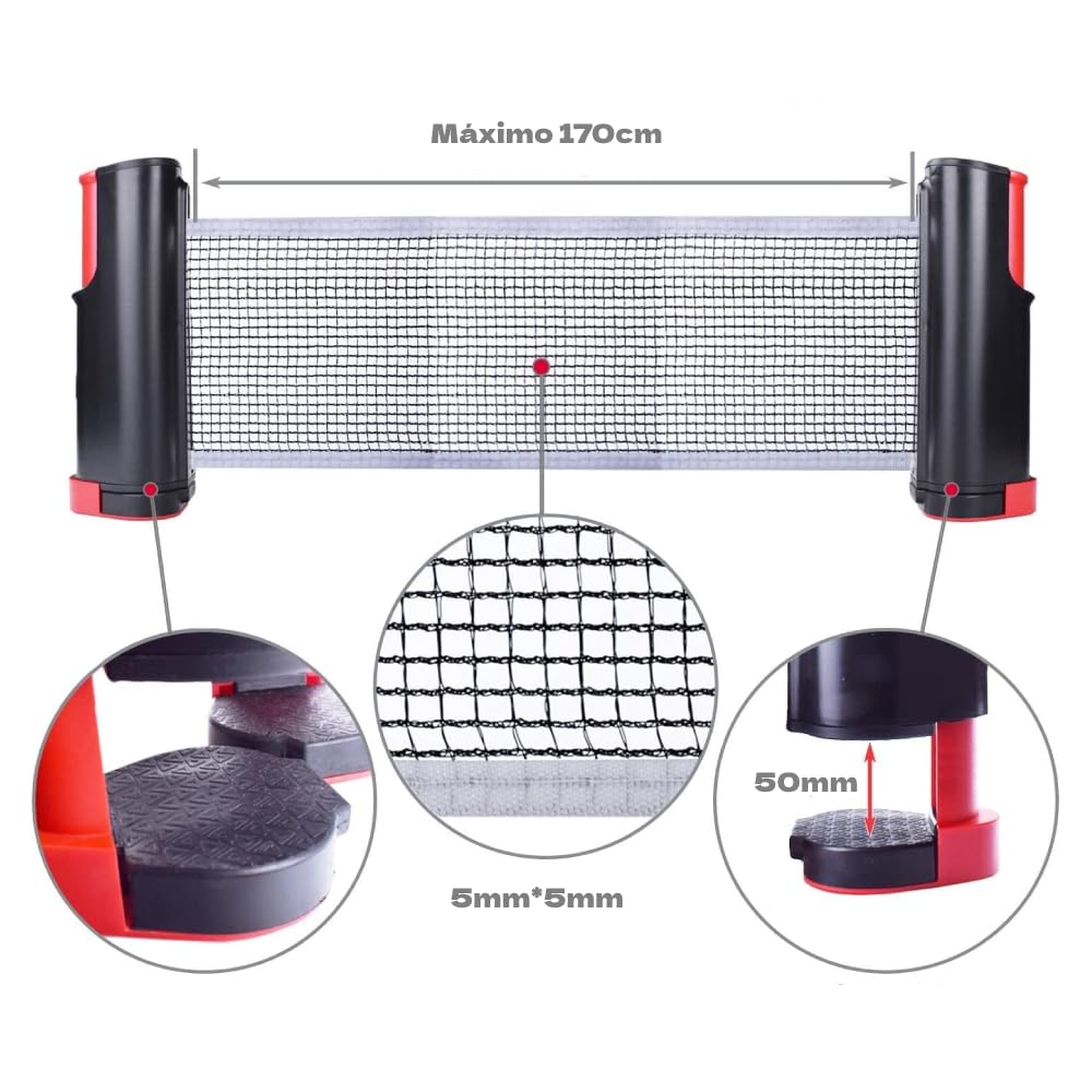 DEVESSPORT Set de Ping Pong con Red Retráctil | 2 Palas + 3 Pelotas + Red Ajustable | Red Ajustable para Mesas de Ping Pong | Juego Portátil para Interior y Exterior