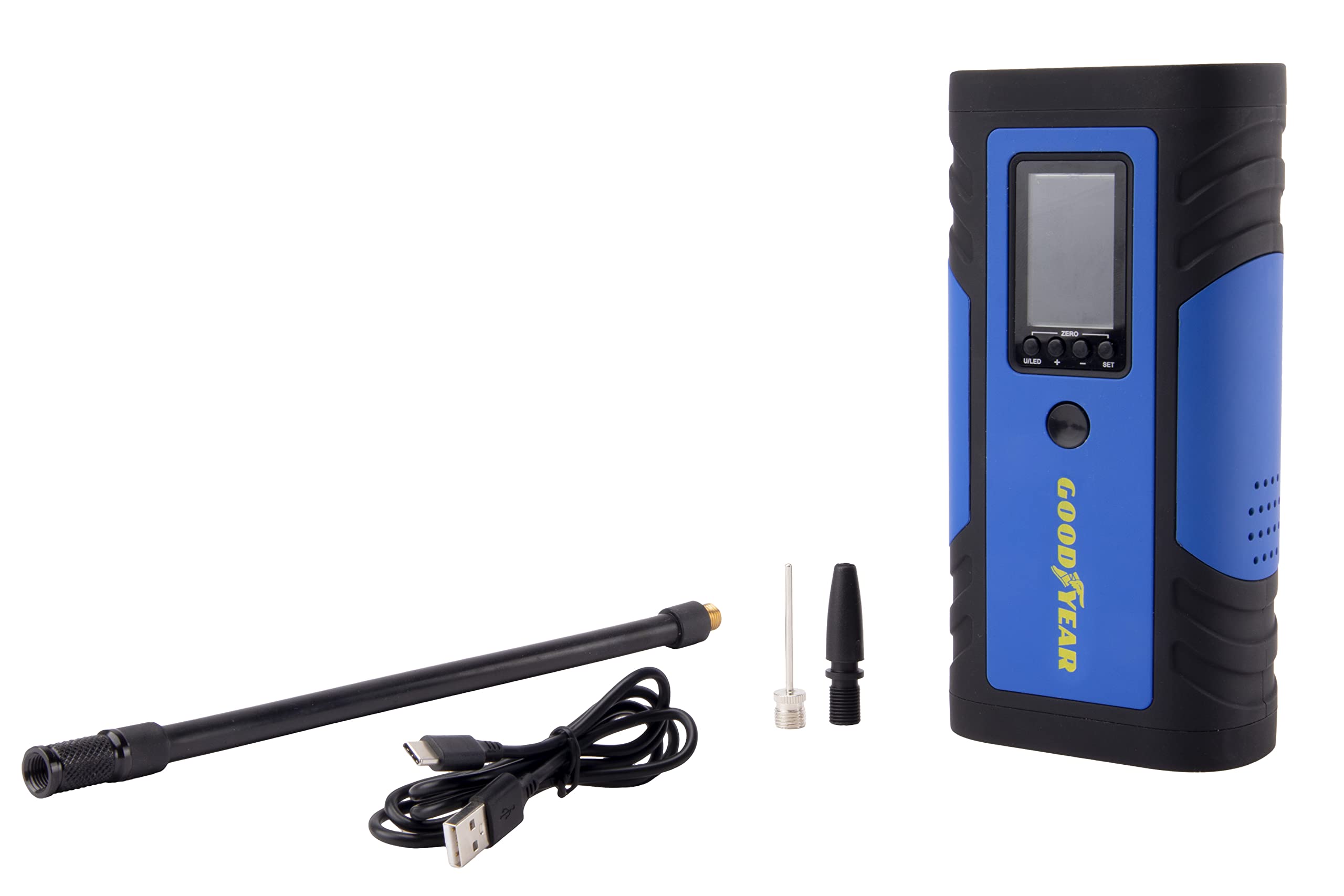 Goodyear GOD0019 cyfrowy przenośny kompresor 150 PSI 8 A 2600 mAh 7,4 V USB C ładowanie typu C, niebieski