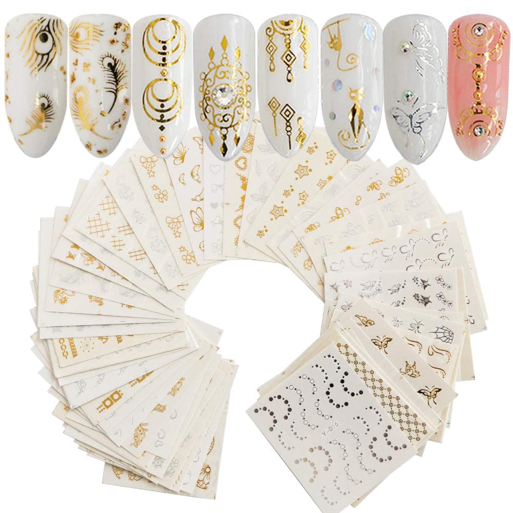 Angelie 30 Sheets Gold & Silver Mixed Pattern Metallic Nail Stickers Animals, Butterfly, Lace, Moon, Star Art Design Nail Decorations-image-36
