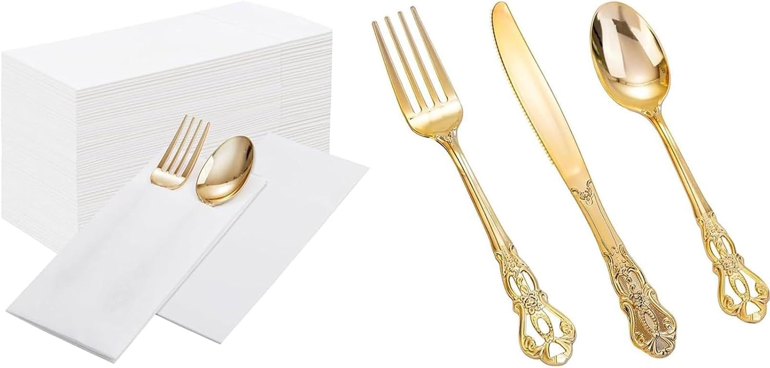 100PCS White Paper Napkins with Built-in Flatware Pocket & 150 Pieces Heavy Duty Gold Disposable Plastic Silverware for Party Wedding Dinner