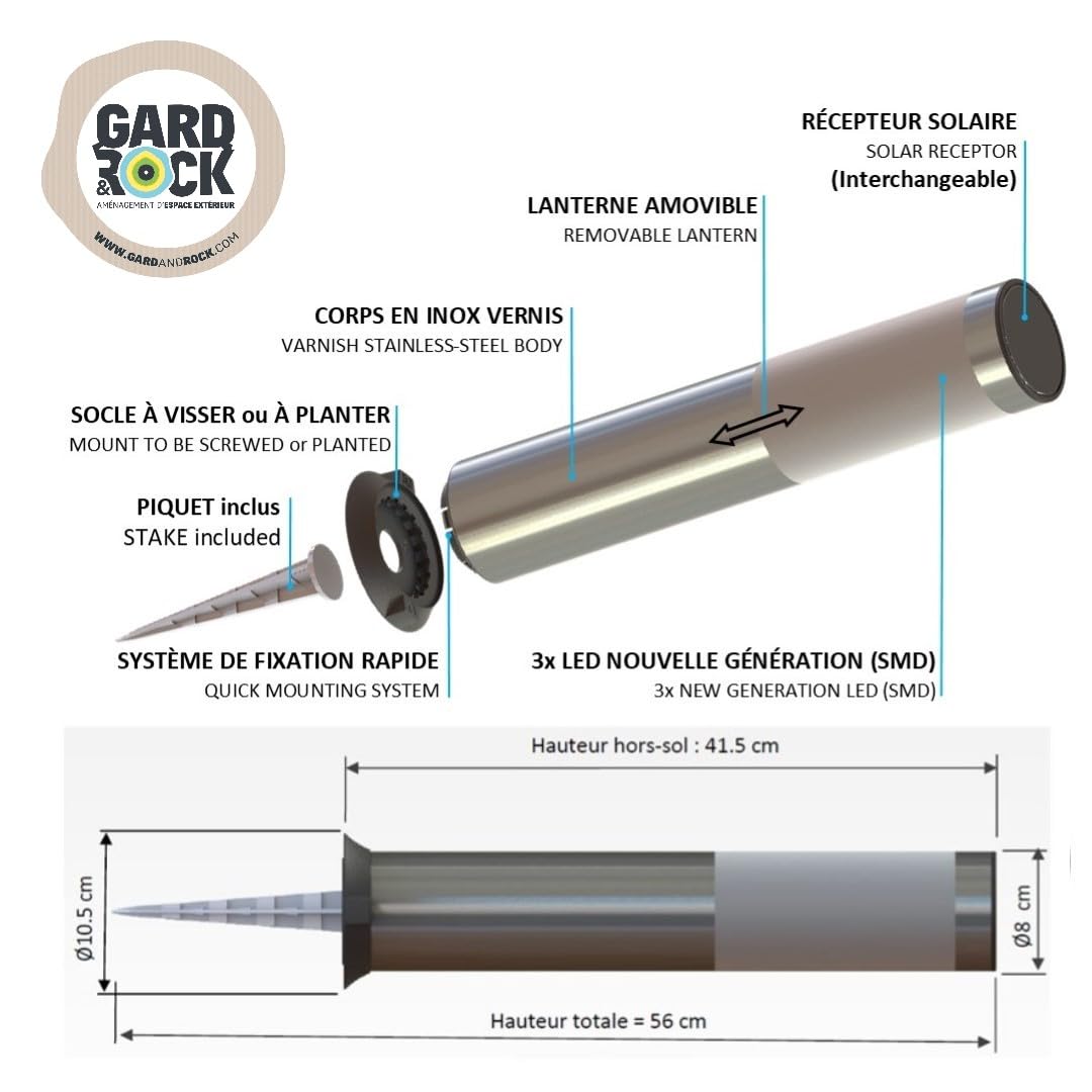 GARD & ROCK - Borne solaire en inox - 3xLEDs SMD - Fonction lanterne amovible - À clipser au sol - Economique et sans branchement - Illuminez et décorez votre jardin!