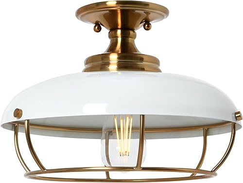 Miniatura 4 de Robert Stevenson Lighting - Lámpara de techo semiempotrada de metal con cúpula enjaulada Presley, latón cepillado y blanco