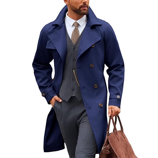 PASLTER Casaco masculino trench coat com lapela entalhada trespassado trespassado jaqueta corta-vento sobretudo casaco ervilha Runcati Sobretudo masculino trench coat transpassado lapela entalhada casual com cinto corta-vento outono clássico casaco longo