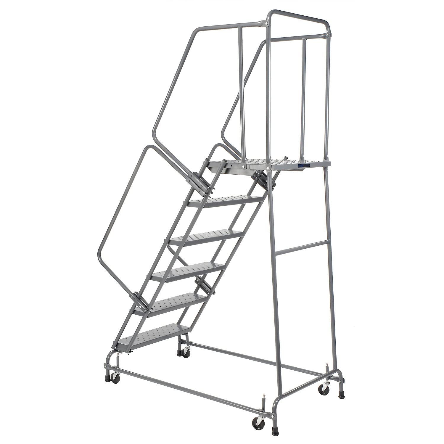 Ballymore FSH618P Steel Standard Rolling Ladder with Spring Loaded Casters and Handrails, Perforated Step Tread, Unassembled, OSHA/ANSI Standard, 6 Steps, 16" Step Width, 14" Top Step Deep, Gray