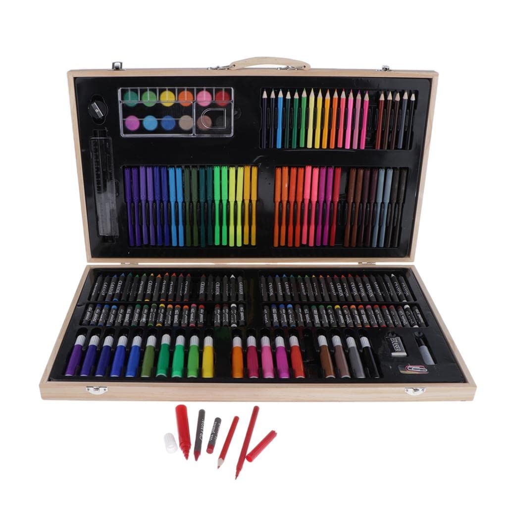 Kit de dessin professionnel de 180 pièces pour enfants de 9 à 12 ans | Boîte en bois avec crayons de couleur, stylos aquarelle, tige de cire, peintures pour artistes débutants | Portable