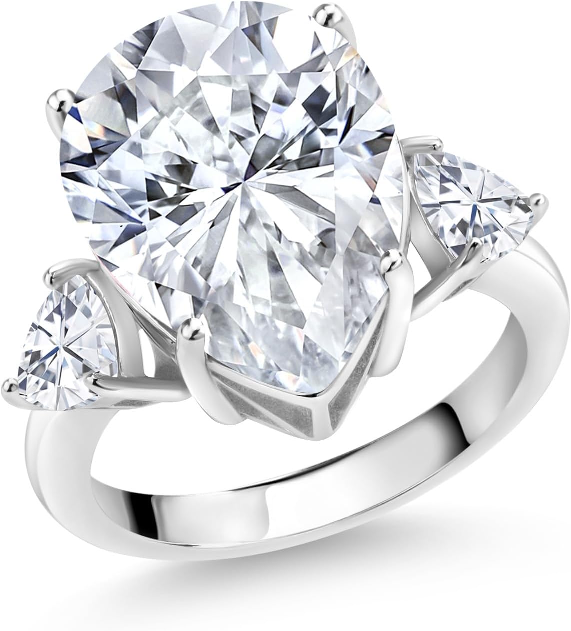 Gem Stone King 10.11 Cttw White Moissanite Ring for Women | 925 Sterling Silver | Pear Shape 16X12MM and 5MM Trillion | Fine Jewelry Gifts for Her Mom Women Wife