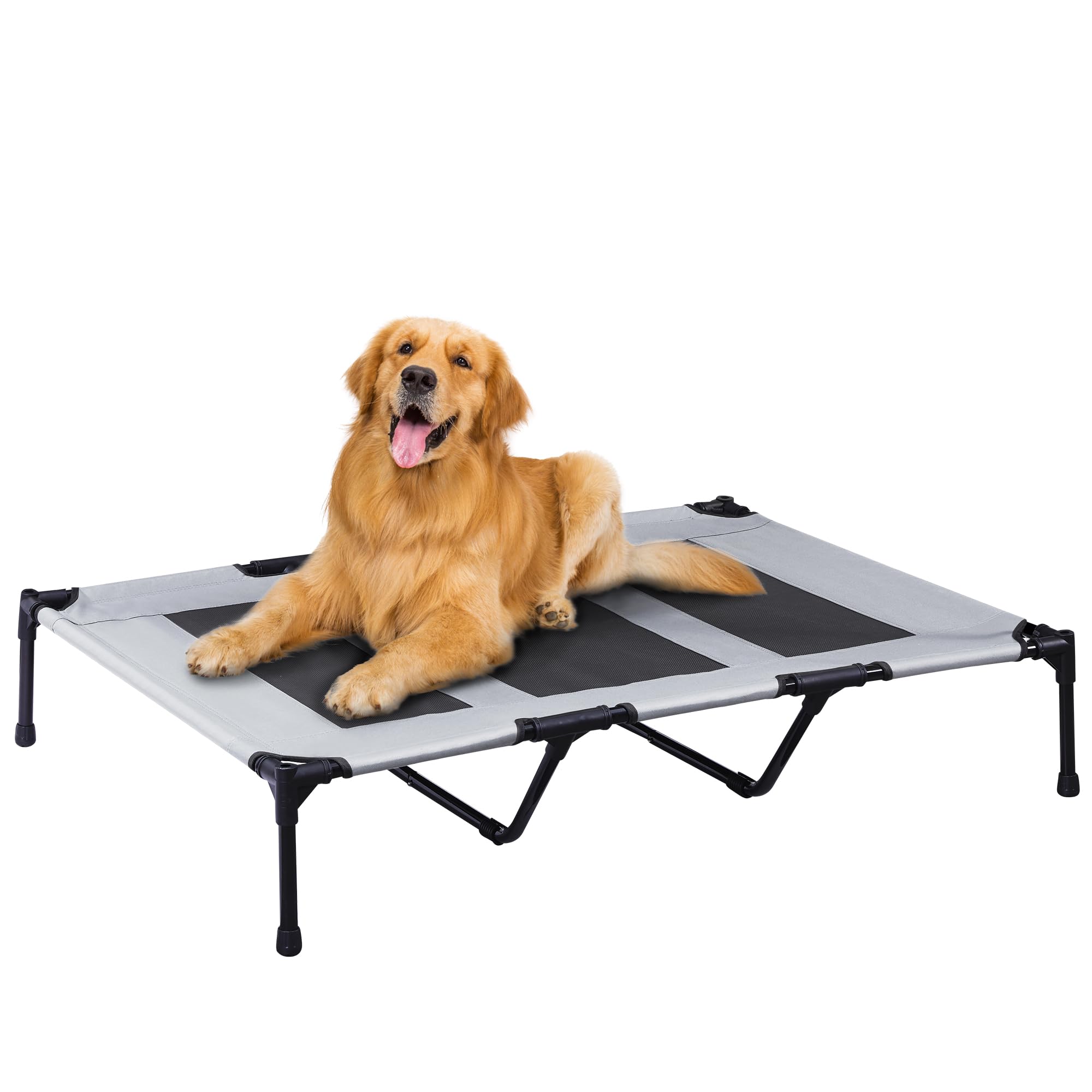 PRAISUN Outdoor Dog Bed, XL Dog Cot, Elevated Dog Bed, Pet Bed with Oxford Fabric, Textilene Mesh, Carrying Bag, Cooling and Portable, for Indoors, Outdoors, Beach, Silver Gray