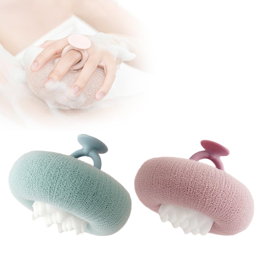 Cecurpo Super Soft Sunflower Suction Cup Bath Ball, 2024 Upgraded 2-in-1 Sunflower Bath Ball Exfoliating Bath Sponge Cleaning Brush, Sponge Mesh Pouf Shower Ball for Women, Men Shower (Purple+Green)