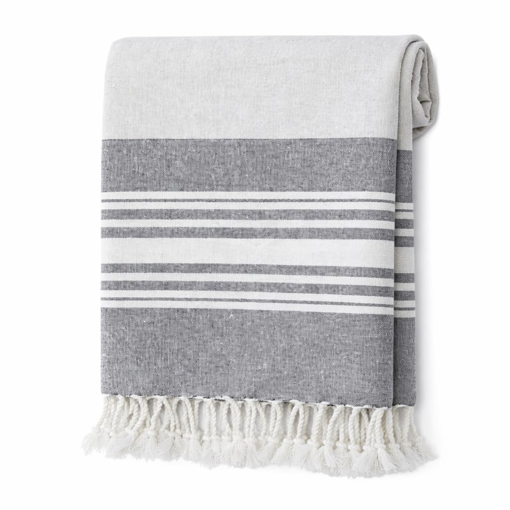 Adore Home Large Hammam Beach Towel Striped Turkish Style Fouta Peshtemal Cotton, Mia Stripe Grey & Dark Grey