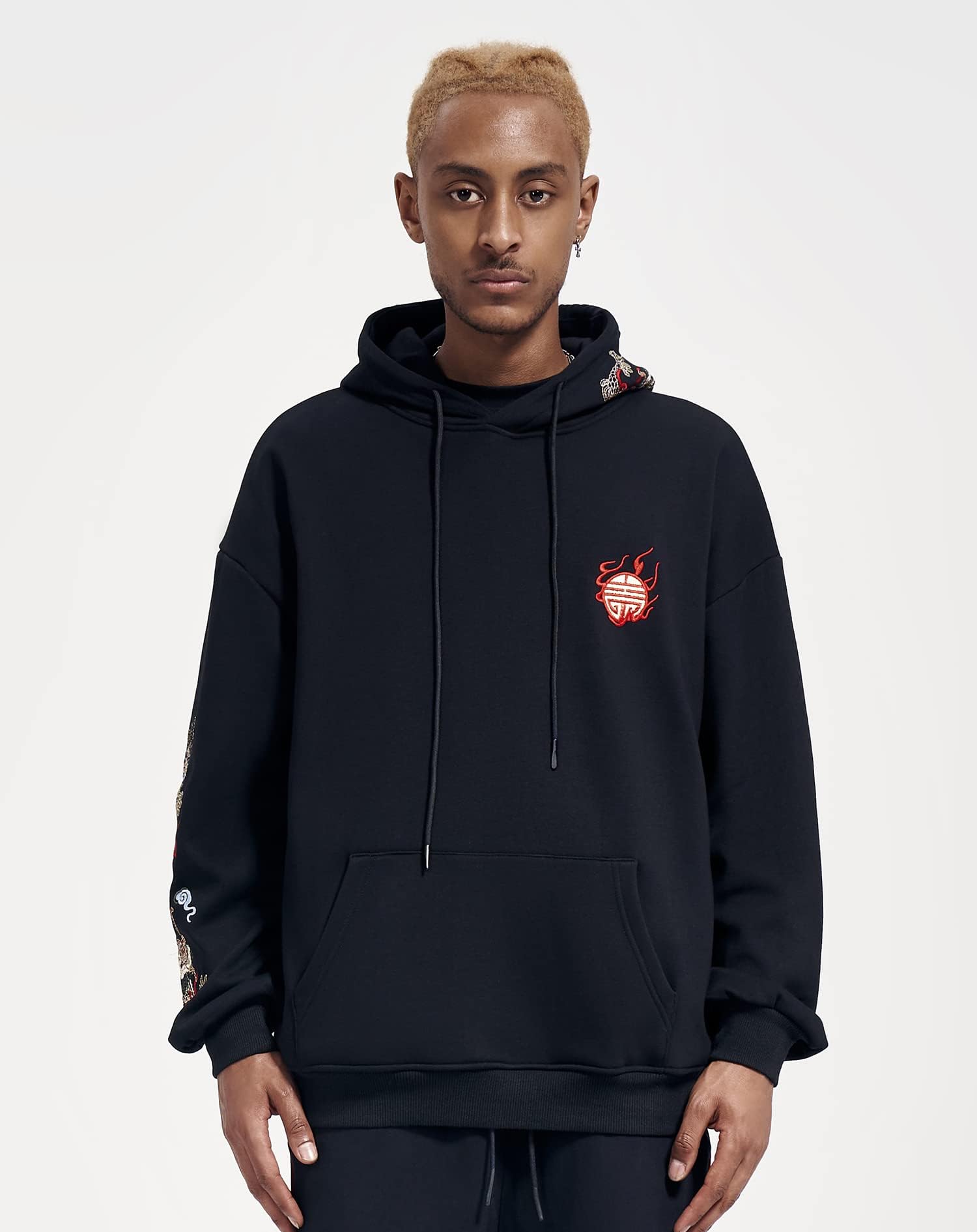 Niepce INC Streetwear Men's Dragon Embroidered Heavyweight Graphic Hoodies Felpa con Cappuccio Uomo