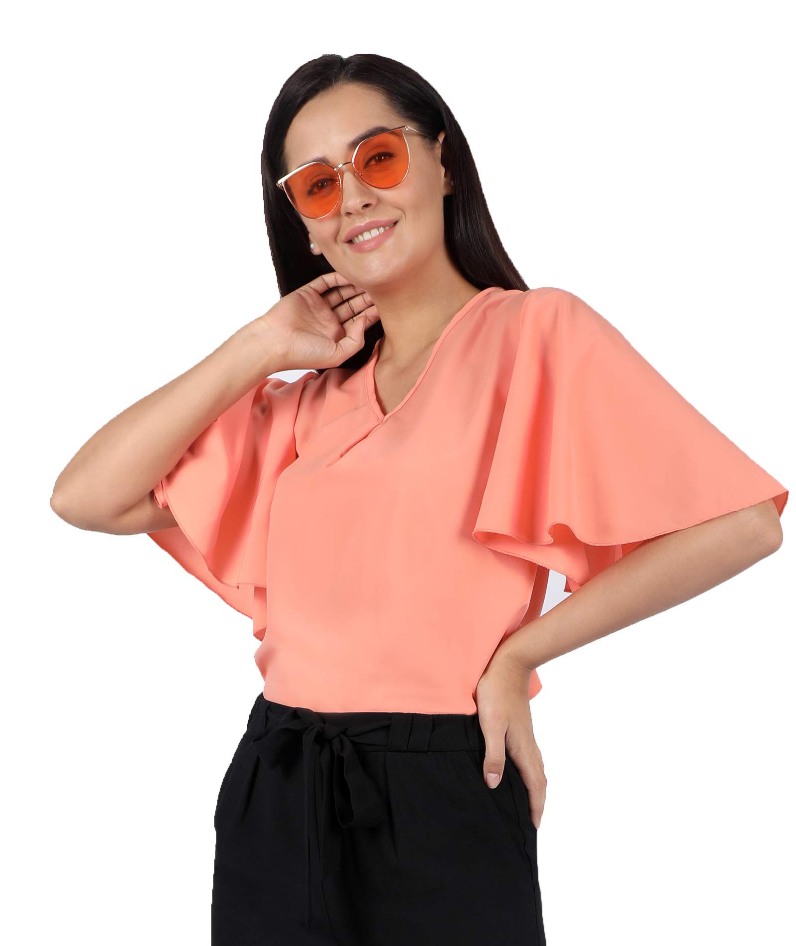 Women V Neck Bell Sleeve Top-picture-35