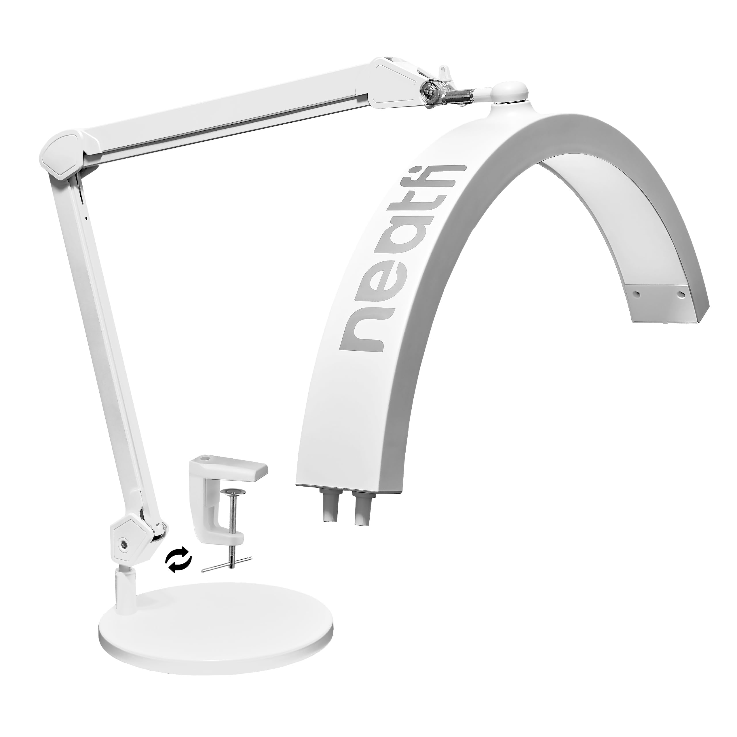 Neatfi Lampada da Tavolo con Braccio Oscillante a Mezza Luna, Illuminazione LED Professionale per Estetisti, 2500 lumen, 5 modalità, ideale per Nail Art (CCT con Base e Morsetto, Bianco)