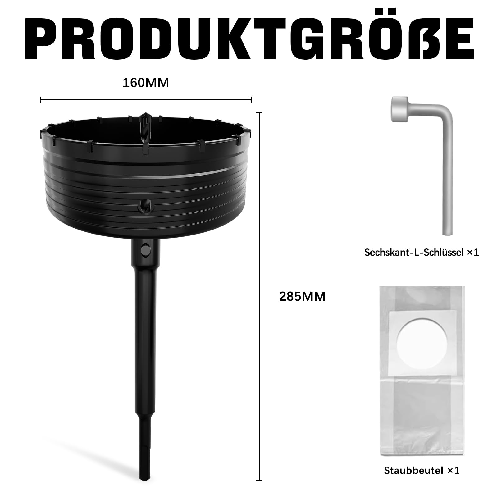 Punta per sega a tazza SDS Plus, 160 mm, con adattatore SDS Plus, 220 mm, per muratura, mattoni, cemento, pietra