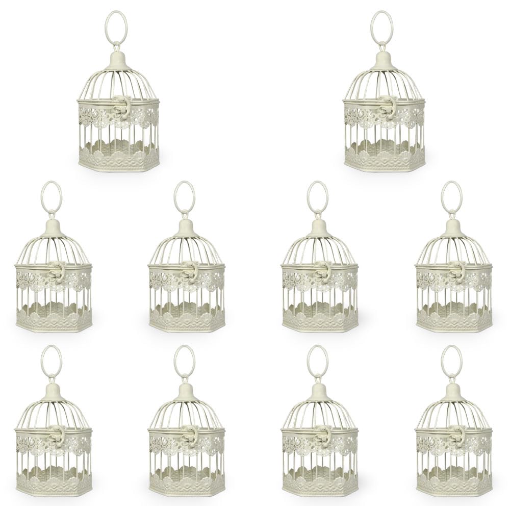 Jaula farol portavelas de metal marfil hexagonal 12,5 x 11,5 x 23 cm