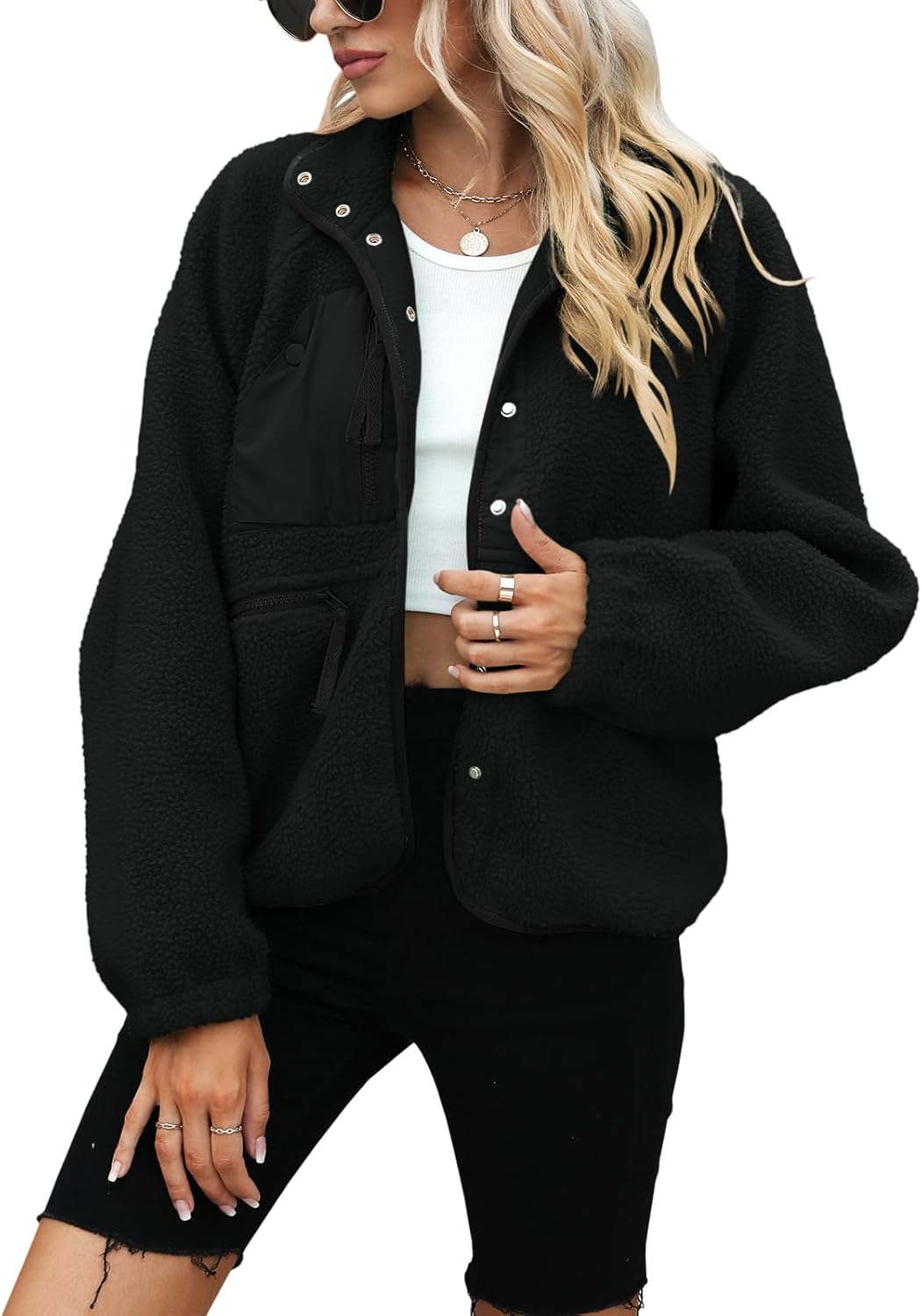 Yanekop Womens Fleece Jacket Fuzzy Long Sleeve Short Winter Coats Button Down Sherpa Jacket Outerwear with Pockets - Image 2