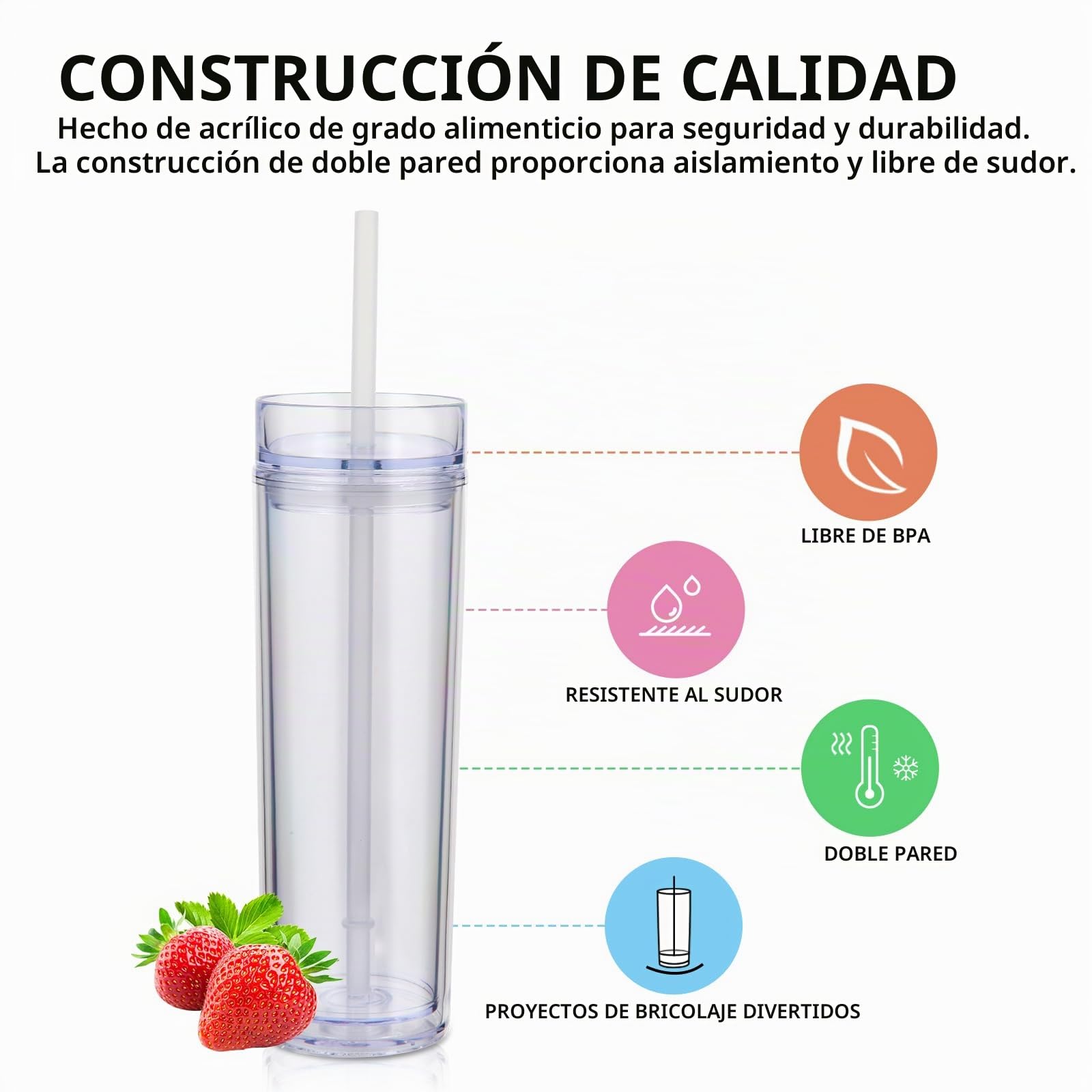 Volhoply Vasos delgados de plástico de 16 onzas, paquete de 10 unidades, vaso de doble pared con tapa y popote, tazas de café helado acrílico mate sin BPA con popote, taza reutilizable de 480 ml para