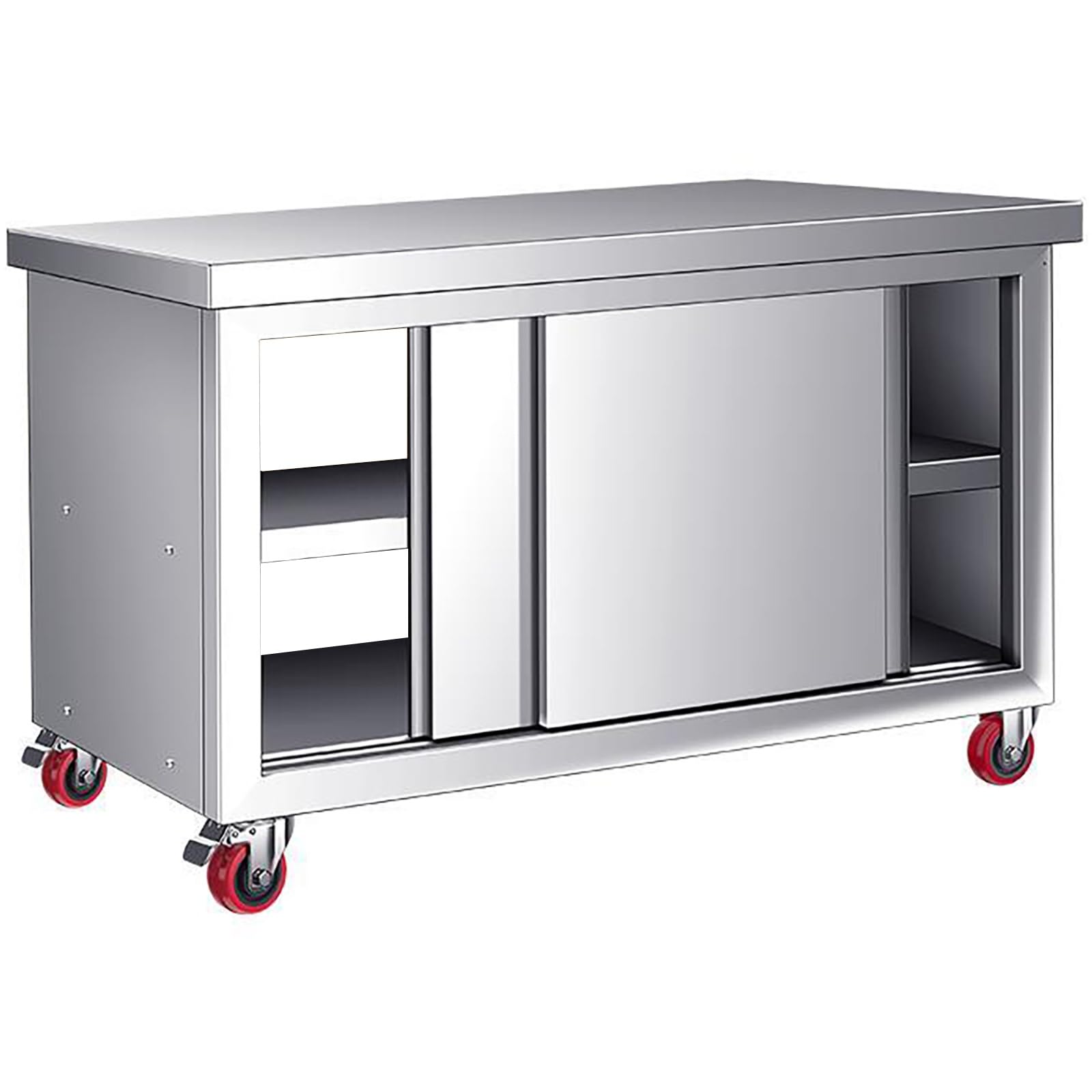 Mesa de trabajo de acero inoxidable con puertas dobles correderas y almacenamiento, mesa de preparación resistente con ruedas para cocina comercial, restaurante y garaje