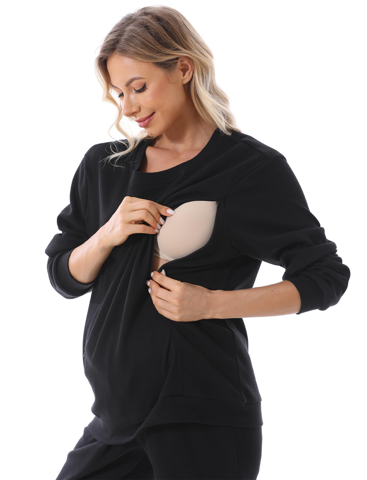 Maternity Sweatshirts Fleece Nursing Soft Sweatshirt Long Sleeve Breastfeeding Pullover Tops S-4XL