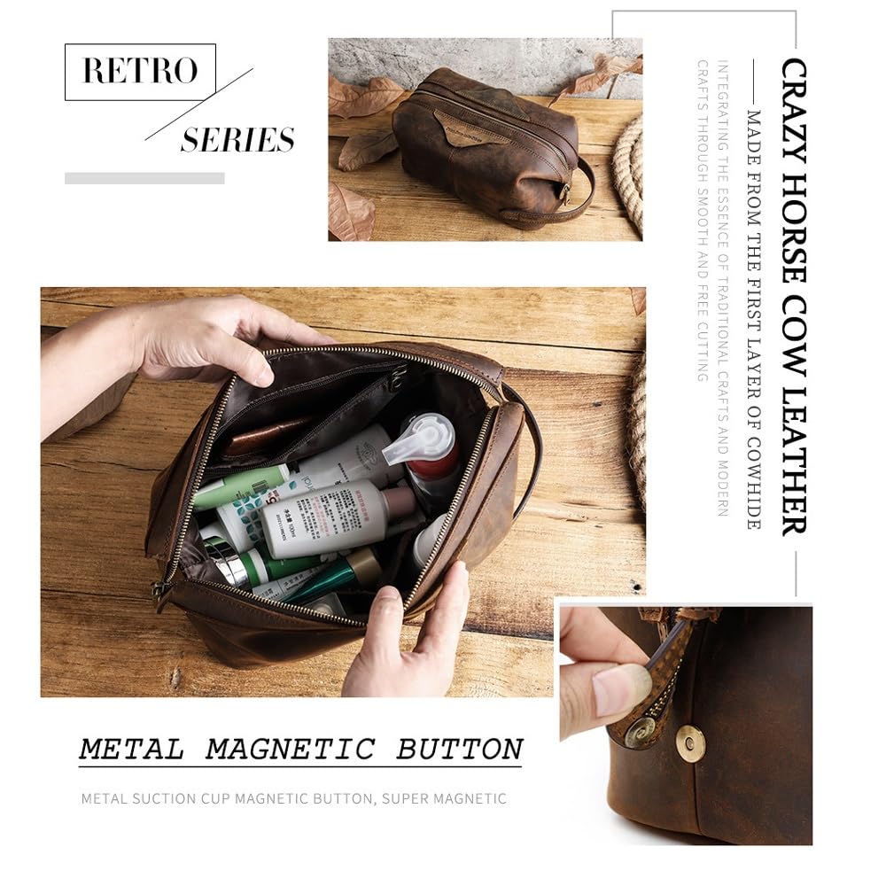 Kulturbeutel for Männer, wasserdichter Reise-Kulturbeutel aus Leder, Organizer, perfekt for die Rasur, Pflege, Dopp-Kit und den Geschäftsurlaub im Haushalt, Kosmetiktasche mit tragbarem Griff