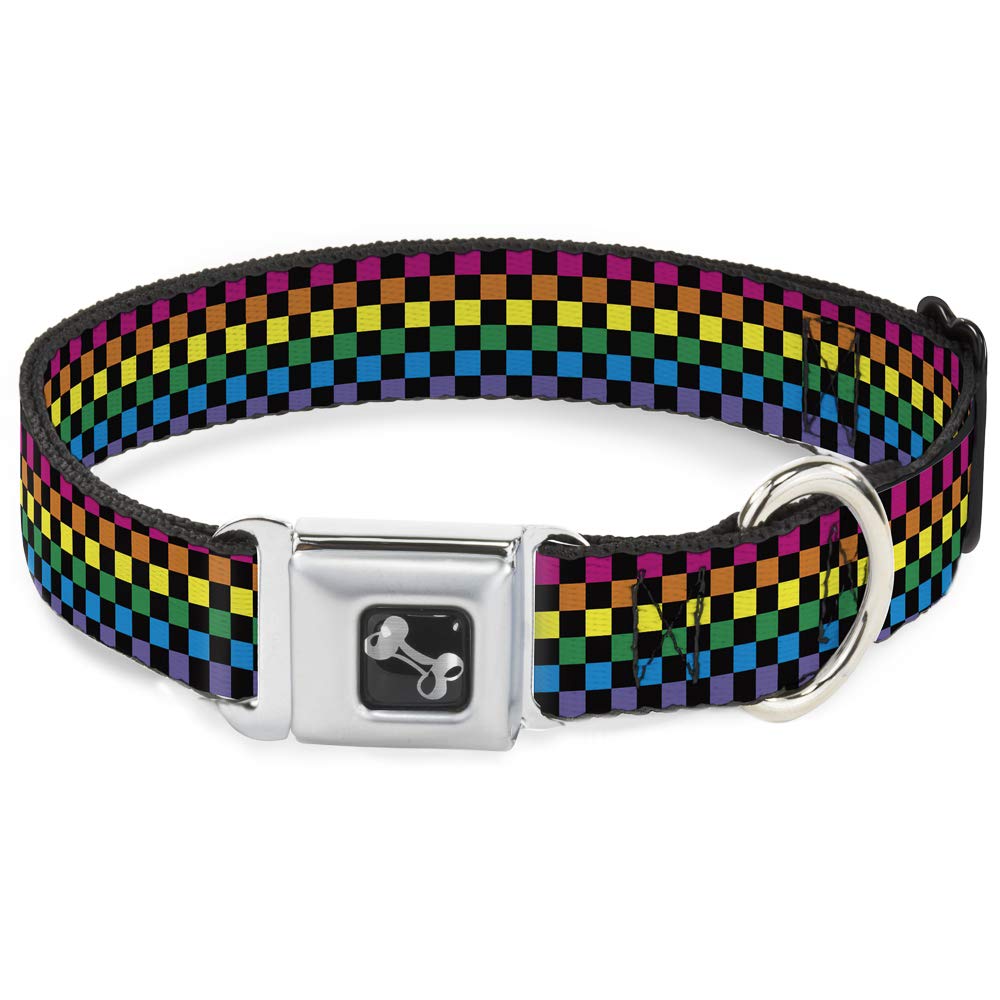 Buckle Down Seatbelt Buckle Dog Collar - Checker Black/Neon Rainbow - 1" Wide - Fits 15-26" Neck - Large โ image 1