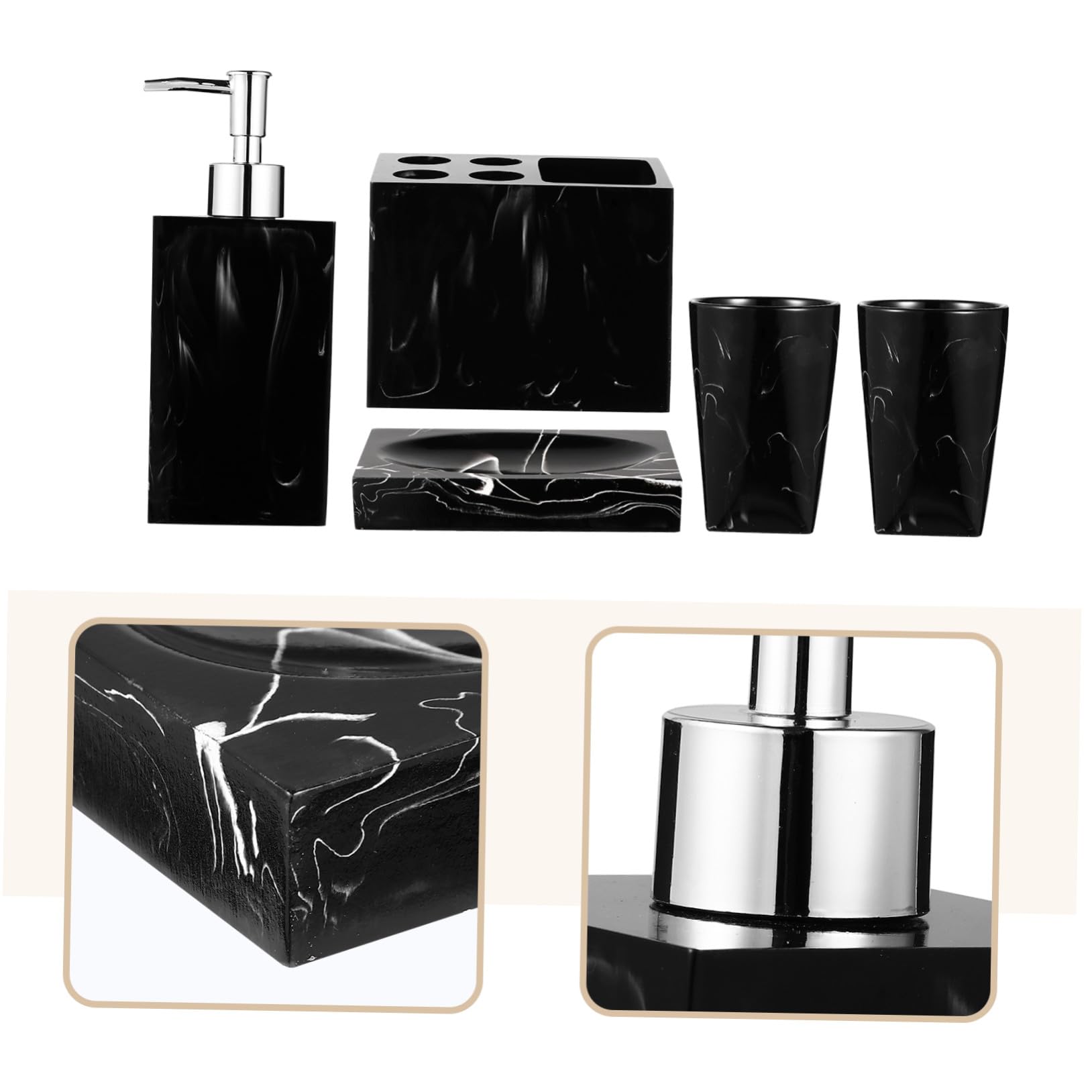 Set de Accesorios de Baño Negro de Resina Jaspeada Botellas de Mano, Soporte para Cepillos de Dientes y Jabonera, Fácil de Limpiar y Cómodo para Uso Diario