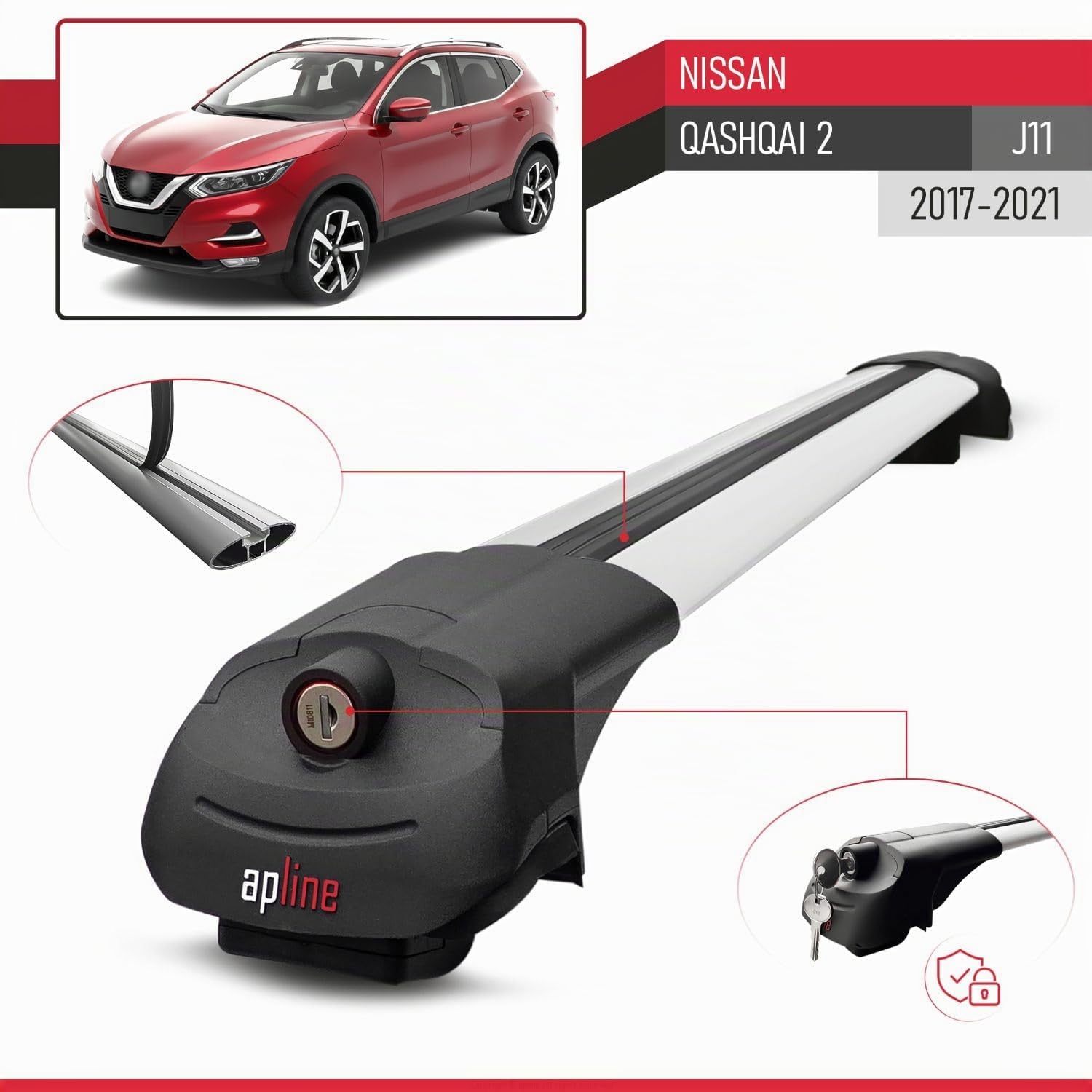Compatible con Nissan Qashqai 2 (J11) Post-Facelift 2017-2021 Modelo Ace-1 Barra de Techo Auto Portaequipajes Barras Transversales Gris Aluminio 2 Barras