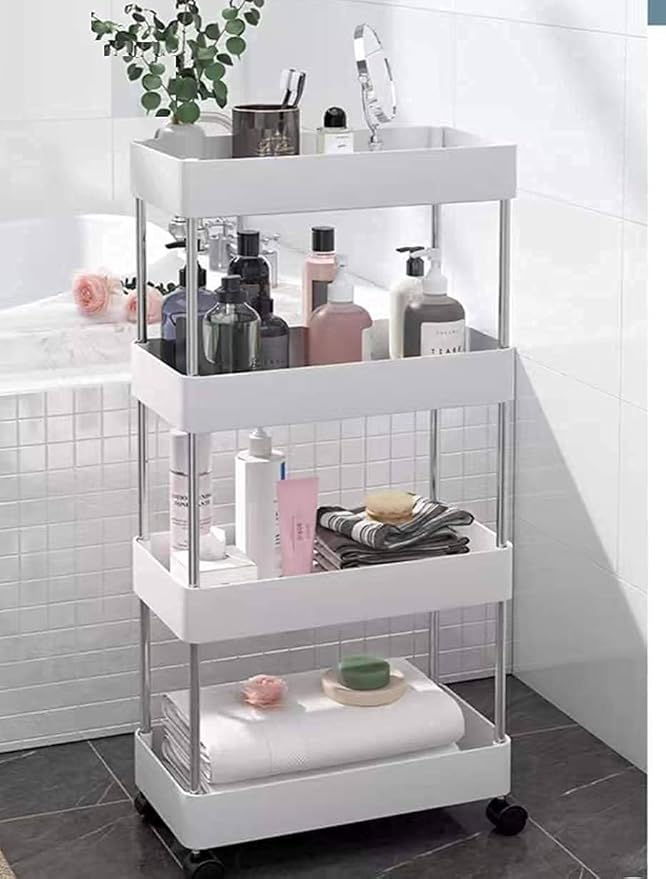 Multipurpose Storage Organizer Slim Rack Shelf with Wheels for Living Room, Office, Bedroom, Bathroom, Kids Room, Kitchen Trolley (White, 4 Layer) Plastic