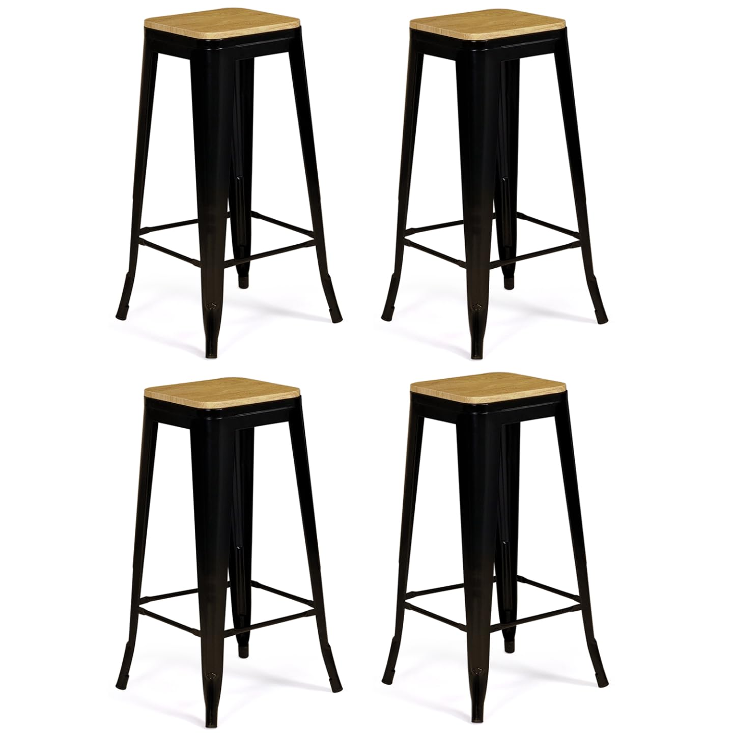 IDMarket - Lot de 4 tabourets de Bar Leny métal Noir Mat Assise Bois empilable Aspect Brut Factory