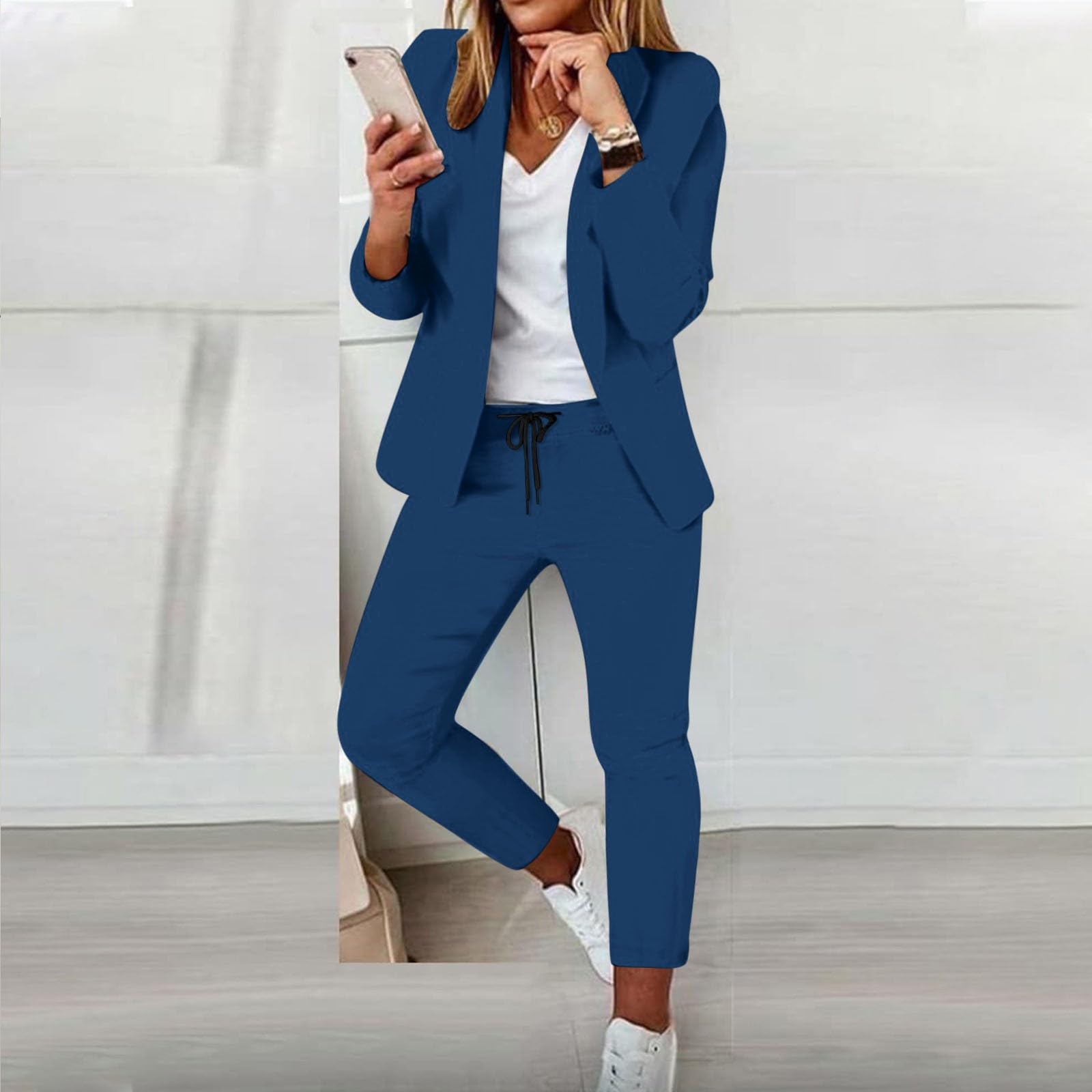 Traje Elegante con cárdigan de Bolsillos Conjunto Femenino con Pantalones elásticos de Corte Recto, Ideal para Comodidad y Estilo en Oficina o Eventos Semi-Formales