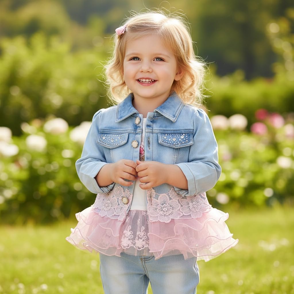 Yao Baby Girls Denim Clothing Sets 3 Pieces Sets T Shirt Denim Jacket and Jeans - Image 7