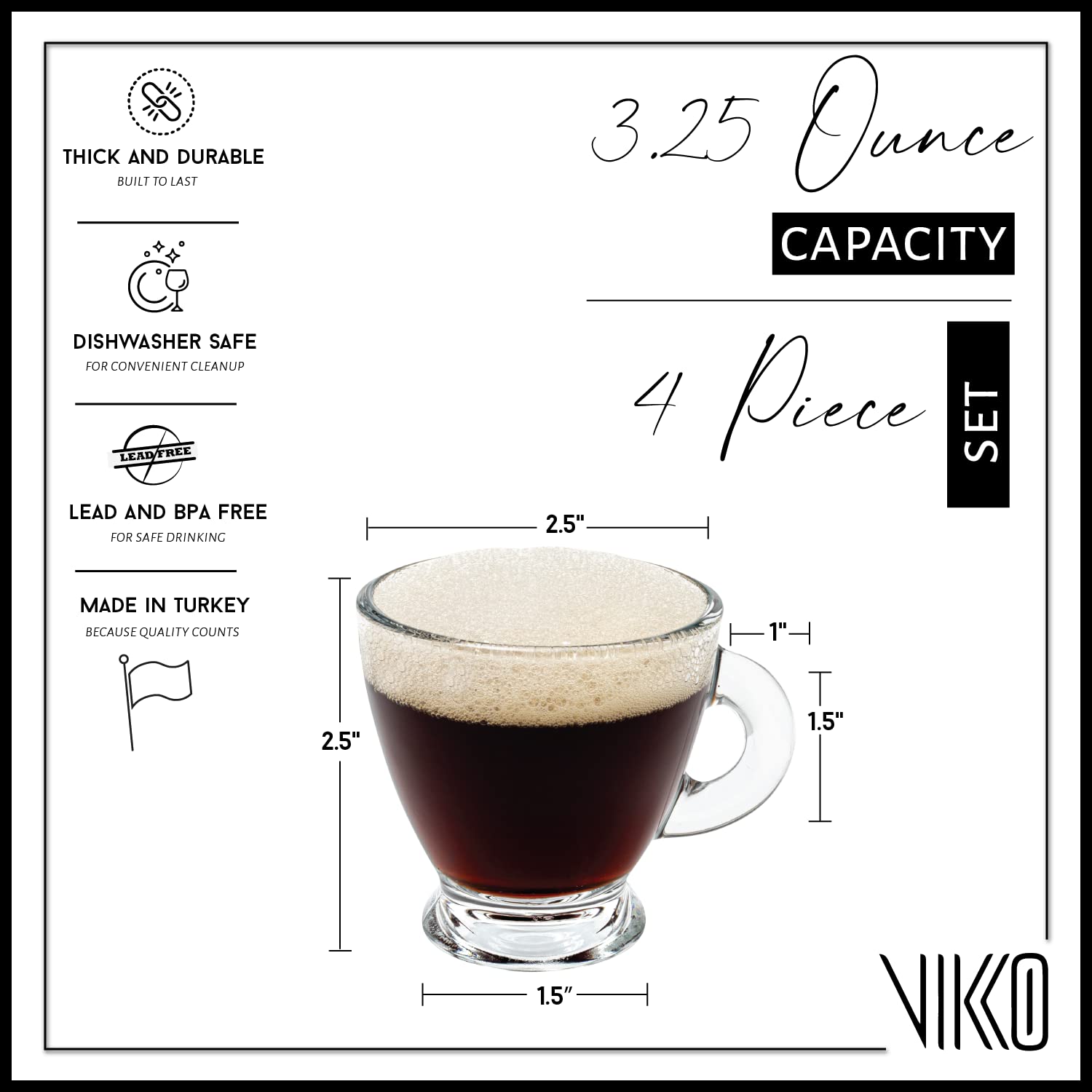 Vikko Espresso Cups, 3.25 Ounce Small Coffee Mugs, Set of 4 Clear Glass Coffee Mug, Durable Dishwasher Safe Glass Cups for Coffee or Tea