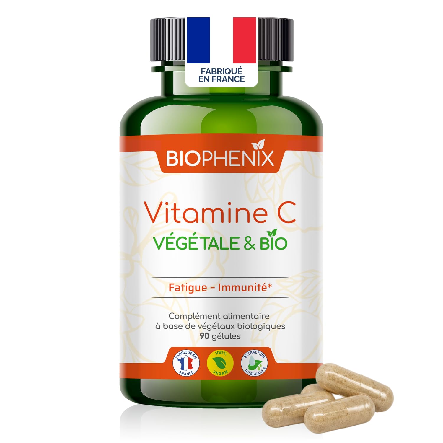 Biophénix Vitamine C Bio 100% Végétale 90 Gélules, Fatigue & Energie | Tonus et Vitalité, Procédé Exclusif Extraction Intégrale, 0% Excipient, 0% Additif, 0% Produit Chimique, Fabriqué en France