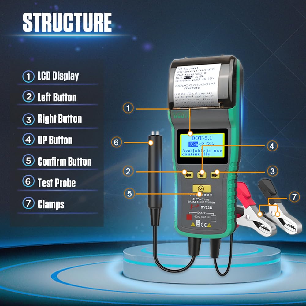 Probador de Líquido Frenos para Coche con Impresora Herramienta Precisa Prueba Contenido Agua Alarma Acústica y Visual Comprobación Vehículos