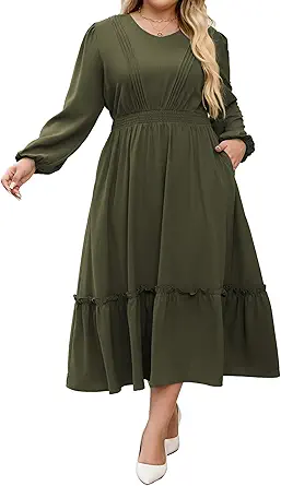 Hanna Nikole Women Plus Size Long Sleeve Casual Dress 2025 Fall V Neck Pleated Flowy Tiered Maxi Dresses with Pockets