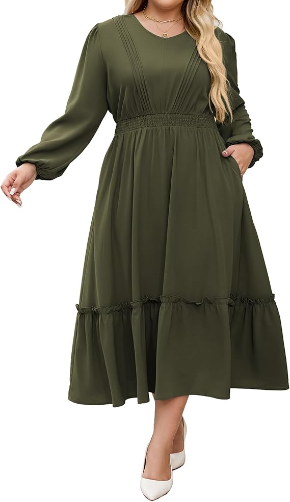 Hanna Nikole Women Plus Size Long Sleeve Casual Dress 2025 Fall V Neck Pleated Flowy Tiered Maxi Dresses with Pockets